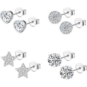 Kalanka-Lots De 4 Paires Boucles D&iquest;Oreilles Femme Argent 925 Avec Zirconium Boucles D'oreilles &Eacute;toile Coeur Femme Fille Clous D'oreilles Diamant Petit Hypoallerg&eacute;niques - Neuf