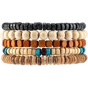 Eryi-6pcs Bois Perles Brassard Bracelets Pour Femmes Hommes Unisexe Tibétain Bouddhiste Wrap Wood Wristband Bangle Pour Femme Homme - Neuf