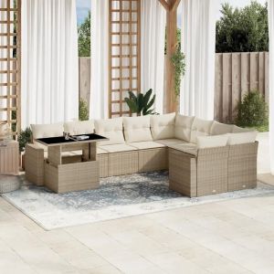 Salon De Jardin Avec Coussins 10 Pcs Beige Résine Tressée - Neuf
