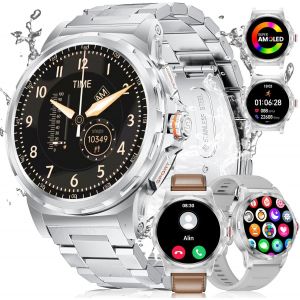 Montre Connectée Homme Militaire (3 Bracelets), 1,43"" Hd Amoled Montre Sport, Smartwatch Argent Avec 120+ Modes Sportifs/Étanchéité Ip68/Fréquence Cardiaque/Compteur De Pas Pour Ios Et Android - Neuf