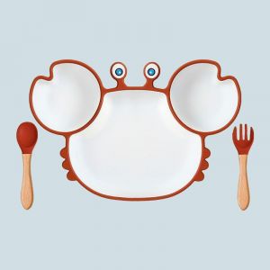 Ensemble De Trois Pièces De Crabe De Dessin Animé Marron Bicolore Assiette De Séparation Bol De Tétine Vaisselle De Complément Alimentaire Assiette Pour Bébé Ensemble De Fourchette Cuillère - Neuf