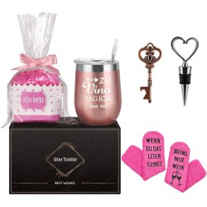 Ytfhg-Cadeaux D'anniversaire Pour Femme Petite Amie Avec Chaussettes À Vin, Coffret Cadeau, 350 Ml En Acier Inoxydable Avec Couvercle, Verres À Vin Isolés Sous Vide Sans Tige, Décapsuleur - Neuf