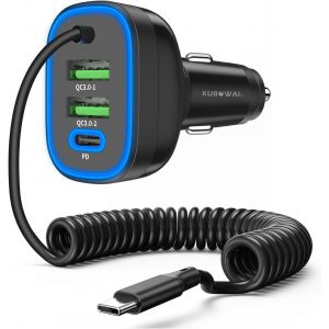 72w Usb C Car Charger 4 Port 12v 24v Dual Chip Pd Type Fast Charge With 1.5m Helicoid Cable For Iphone 15/Samsung S24 Etc - Neuf