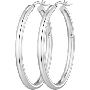 Senior-Boucles D'oreilles Créoles En Argent Sterling 925, Boucles D'oreilles Créoles Épaisses Ovales En Argent Tube Creux Argent Épais Grandes Boucles D'oreilles Créoles En Argent Pour Femme[L1744] - Neuf