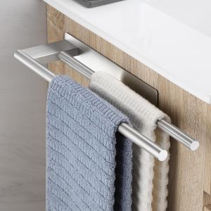 Ulteronixshop-Porte Serviette Salle De Bain sans Percage, Adhesif Double Porte Serviette Acier Inoxydable Mural, Porte Serviettes pour Salle De Bain Et Cuisine, Argent Bross&eacute; - Neuf