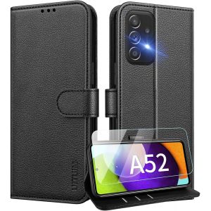 ELVORIX-Coque pour Samsung Galaxy A52 5G / A52s 5G / A52 4G Coque Etui Portefeuille Cuir avec Verre Tremp&eacute; Protection &Eacute;cran Porte Carte Rabat Clapet Flip Case &Eacute;tui Cover Housse Etui Coque,Noir - Neuf