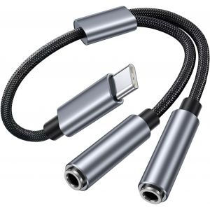 TRAHOO-Adaptateur USB C vers Jack 3,5 mm R&eacute;partiteur Audio en Y avec Double Prise Jack, C&acirc;ble Splitter Casque USB C pour iPhone 16/15 Pro Max, iPad Pro/Air, MacBook, Galaxy S25/S24, Pixel, Huawei, On - Neuf