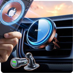 15W Support Telephone Voiture Magsafe, (1.73Kg) Magn&eacute;tique Qi Sans Fil Chargeur Magsafe Voiture, Grille D'A&eacute;ration/Tableau De Bord, Pour Iphone 16 15 14 13 12 S&eacute;ries, +60W Allume Cigare, Gris - Neuf