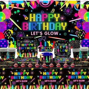 Eryi-Lot De 158 Assiettes Fluorescentes Pour Fête - Ballons Fluo Phosphorescents - Toile De Fond Phosphorescente - Décoration De Fête D'anniversaire - Bannière Fluorescente - Pour 20 Personnes - Neuf