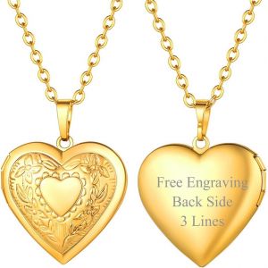 Kal-Collier Porte Photo Femme Pendentif Coeur Avec Motifs Personnalisable Chaîne Plaqué Or 50+5cm/2,5mm Bijoux Tendance Cadeau Anniversaire Noël Fête Des Mère - Neuf