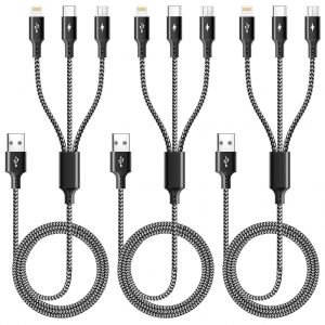 TRAHOO-C&acirc;ble Chargeur Multi Embout, C&acirc;ble de Chargement USB Multiple 3 en 1, [3Pack 1.2M] Chargeur Rapide Tress&eacute; avec Type C/Micro USB/Lightning pour iPhone,Samsung,Huawei,Nexus,Nokia,LG,Sony - Neuf