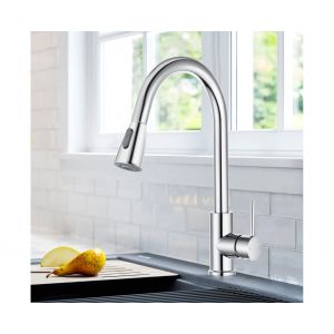 Robinet mitigeur de cuisine pivotant &agrave; 360&deg; avec douchette extractible, finition laiton chrom&eacute; - Neuf