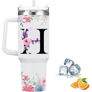 Sjzg-Gobelet Isotherme Avec Paille Et Poign&eacute;e, 1180 Ml, Tasse &Agrave; Caf&eacute; Avec Couvercle, Gobelet Isotherme &Agrave; Double Paroi En Acier Inoxydable Pour Boissons Chaudes/Froides, Motif Floral - Cadeau Pour - Neuf