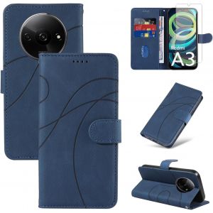 KALANKA-Coque pour Xiaomi Redmi A3 avec 1 Pi&egrave;ce Protection &Eacute;cran en Verre Tremp&eacute;, Housse PU Cuir &agrave; Rabat Flip, &Eacute;tui Support et Portefeuille Fonction (Bleu) - Neuf