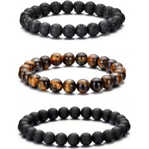 Kalanka-Bracelet Oeil De Tigre Homme 8mm Bracelet Pierre Naturelle Homme Ensemble De Bracelets Réglables Et Extensibles En Pierre De Lave Pour Hommes Bracelets De Perles Cadeaux Pour Père Petit Ami - Neuf
