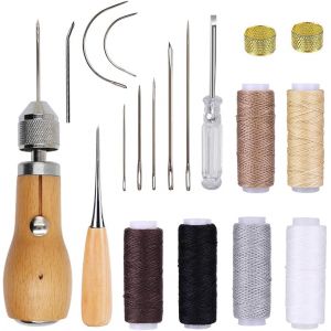 Mevronisshop-Kit De Couture Manuel Pour Cuir - Avec Poin&ccedil;on, Rouleaux De Fil Cir&eacute;, Anneau En Laiton, Aiguilles &Agrave; Coudre Bricolage &Agrave; La Main Outil Outils Pour R&eacute;paration De Moquette, Cuir Et Toile - Neuf