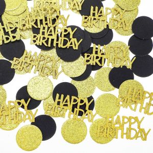 Lot de 200 confettis d'anniversaire Happy Birthday - Décoration de table d'anniversaire - Confettis dorés et noirs - Paillettes - Décoration de table - Verre à vin - Décoration de fête - Neuf