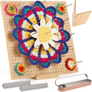 Mevronisshop-Grande Planche De Blocage Crochet, 33x33cm Pliable Bloqueur Granny Square Crochet, Planche Blocage Crochet Carr&eacute; Granny En Bois, Accessoires De Crochet Tricot, Avec 30 Tiges De M&eacute;tal - Neuf
