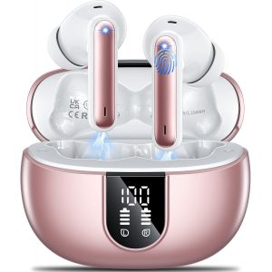MEVRONISSHOP-couteurs intra-auriculaires sans fil Bluetooth 5.3 avec 4 micros antibruit d'appel ENC HiFi st&eacute;r&eacute;o Mini &eacute;couteurs 42 heures de lecture Affichage LED &Eacute;couteurs &eacute;tanches IP6 Rose - Neuf