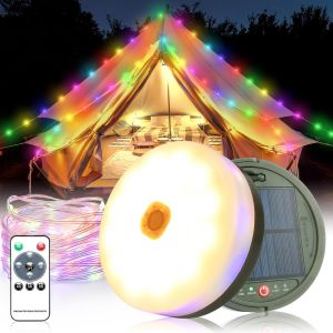 10m 130leds Guirlande Lumineuse Solaire De Camping,Solaire Et Usb Chargement Camping Light Chain Rollable,Couleur 8 Modes Ip65 Imperméable,Guirlande Solaire Exterieur Camping Lampe - Neuf