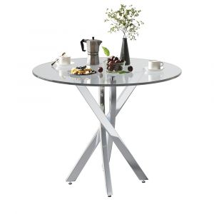Table ronde 80x80x75cm, verre tremp&eacute;, pieds galvanis&eacute;s, argent - Neuf
