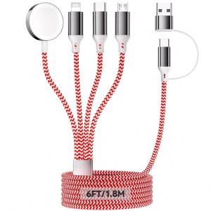 TZF-4 en 2 Multiple Rapide Chargeur pour A pple Watch, 1.8M/6FT C&acirc;ble Tress&eacute; Nylon USB A/C vers Port iOS/Type C/Micro USB/iWatch Compatible pour iWatch Ultra/SE/1-10/iPhone/iPad/AirPods/Galaxy/Huawei - Neuf