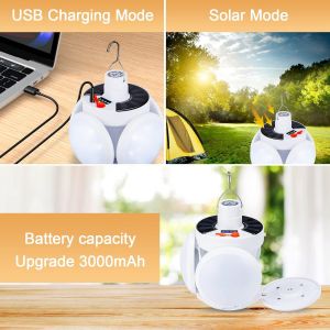 Lanterne De Camping Led 3000 Mah, Lampe Solaire Rechargeable Par Usb, 5 Modes D'éclairage, Pliable À 360°, Sos, Étanche Ipx5, Pour Randonnée, Lecture [Classe Énergétique A] - Neuf