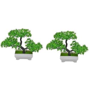 2Pcs plante artificielle Bonsaï en plastique Petit pot d'arbre,vert - Neuf