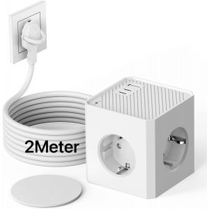 Multiprise Plate PD20W, Multiprise Cubique avec USB-C, Cube Multiprise 3 Prises avec Aimant, Prise Murale 6 en 1 avec Rallonge de 2M pour Bureau et Maison, Blanc - Neuf