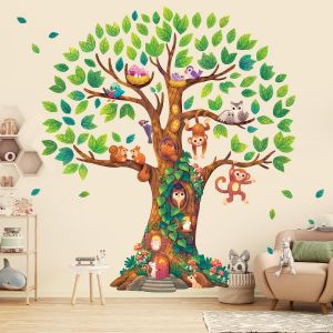 Eryi-Dl4-2303 Géant Arbre Enfants Stickers Muraux Pépinière Décor Bois Filles Chambre Bébé Garçons Plante Forêt Maison Nature Vert Colocataires Feuille Animaux Singe Coloré - Neuf