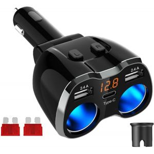 Usb C Chargeur Allume Cigare Usb Type C Chargeur De Voiture, 120W 5.4A Voiture Adaptateur D'Alimentation Double Usb Pour Iphone, Ipad, Android, Samsung, Gps, Cam&eacute;ra Et Bien Plus Encore - Neuf