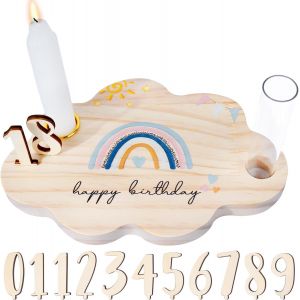 Kalanka-Bougeoir En Bois Anniversaire Support Pour Bougie Porte Bougie Cadeau D`Anniversaire Chauffe Plat Bleu Arc En Ciel En Forme De Nuage Avec Num&eacute;ro 0-9 D&eacute;coration De Table Cadeau Anniversaire - Neuf