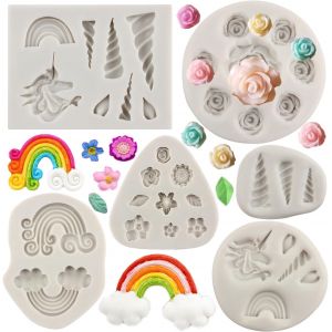 Lot De 6 Moules En Silicone Licorne Avec Oreilles De Licorne Fleurs Arc-En-Ciel Et Feuilles Moules &Agrave; Fondant Pour D&eacute;coration De G&acirc;teaux Cupcakes Bonbons Chocolat P&acirc;te &Agrave; Gomme Argile Polym&egrave;re - Neuf