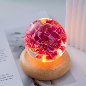 Veilleuse Boule De Cristal En Forme De Fleur De 7 Cm Avec Base En Bois - Décoration Pour Hommes, Femmes, Enfants, Garçons, Filles, Adolescents (?Illet Rouge) - Neuf