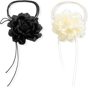 Kal-2 Pi&egrave;ces Collier Fleur Femme Vintage Handmade Collier Fleur Flanelle Choke Collier Ras Du Cou Avec Pendentif En Forme De Rose Collier Fleur Boho Tissu R&eacute;glable Pour Mariage F&ecirc;te Anniversaire - Neuf