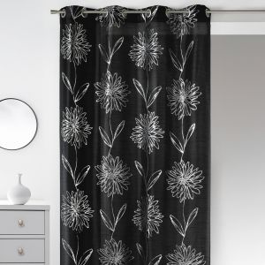 Rideau Noir Fleurs Argent&eacute;es - Neuf