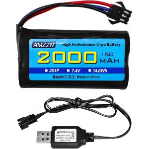 KAL-7,4V 2000Mah 15C 2S Sm-3P Plug Lipo Batterie Avec Chargeur Usb Pour De43 De60 9500E Rc Voitures, Modèles Voitures, Camions, Huina 1575 Rc Voiture D'Ingénierie, Rc Batteries De Voiture Jouet - Neuf