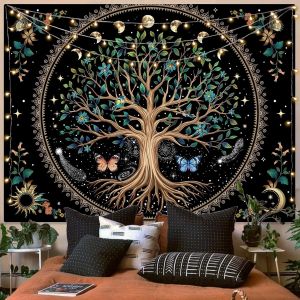 Tapisserie Murale Motif Arbre De Vie, Papillon, Lune, Fleur, Bohème, Motif Floral, Pour Chambre À Coucher, Style Mandala, Décoration Botanique, Pour Salon, Dortoir (Noir, 111,8 X 152,4 Cm) - Neuf