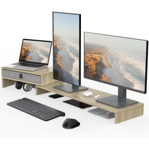 Réhausseur d'Écran en Bois,Support de Moniteur Réglable,Support d'Ordinateur Portable,PC,TV,Imprimante - pour 2 Moniteurs - avec Tiroir de Stockage,78,3¿113 x 23,5 x 7,3 cm Noir - Neuf