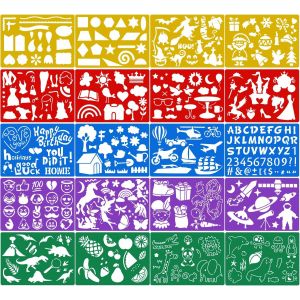 JEXNOVASHOP-20 pi&egrave;ces Mod&egrave;les de Dessin en Couleur pour Enfants, Plastique Pochoir de Peinture pour Enfants Anniversaire Halloween No&euml;l Dinosaure f&ecirc;te Cadeau Fournitures Outil de Peinture pr&eacute;scolaire - Neuf