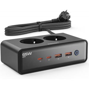 Multiprise avec Interrupteur & USB-C 65W Rapide, 2 USB-C, 2 USB-A, 2 Prises Secteur, Rallonge Electrique, Multiprise parafoudre et surtension (Noir, 65W) - Neuf