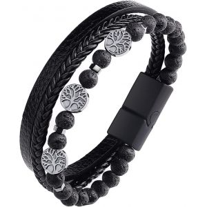 Eryi-Bracelet Homme, Bracelet En Cuir Véritable Pour Hommes, Bracelet Viking Arbre De Vie, Bracelet En Pierre Naturelle Tressée, Avec Fermoir, Noir/Brun (1pcs) - Neuf