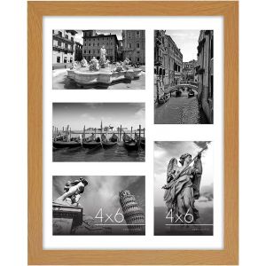 CMWX-Cadre Photo Ch&ecirc;ne Fonc&eacute; en MDF 28x35 cm - Affichage de Cinq Photos 10x15 avec Fond et 28x35 sans Fond - Verre R&eacute;sistant aux Chocs - Formats Horizontaux et Verticaux pour le Mur - Neuf