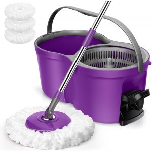 Mop Bucket with Pedal and Fringed Mop,Microfibre Mop with Telescopic Handle,Mop and Bucket Wringer 2 in 1 Seal Household Wring for Cleaning Floors-Purple - Neuf