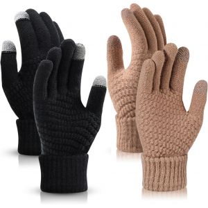2 Pairs Of Women's Winter Knitted Gloves, Some Warm Gloves, Touch Screen Gloves With Fine Fleece Lining, Suitable For Leisure Activities, Black & White, One Size"".[J48] - Neuf