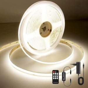 Ruban Led Cob 5m 24v, Ruban Led Blanc Naturel 4000k, 320leds/M, Largeur 8mm, Cri90+, Avec Alimentation, Télécommande Rf, Bande Led Pour Cuisine, Salon, Fête, Bar - Neuf