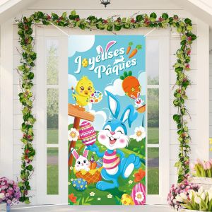 Français Joyeuses Pâques Porte Bannière Pour Pâques Décoration,Joyeuses Pâques Bannière Pour France Pâques Porte Extérieure Décoration,Pâques Toile De Fond Jardin Mur Décoration,185 * 90cm - Neuf