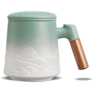 Eryi-Tasse À Thé Avec Infuseur Et Couvercle, 500 Ml U2013 Tasse En Céramique Gaufrée Pour Thé En Feuilles, Poignée En Bois U2013 Mug Avec Filtre Pour Amateurs De Thé, Vert Matcha - Neuf