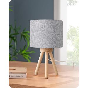 Kal-Lampe De Chevet En Bois À Trépied, Abat-Jour En Lin, E27 Ampoule Led Incluse, 2700k Blanc Chaud, Lampe De Table Moderne Pour Chambre À Coucher, Salon, Bureau, Hôtel, Gris - Neuf