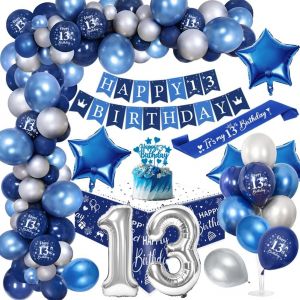 TRAHOO-13 Ans Décoration Anniversaire Garçons Chrome Bleu Argent,Royal Bleu Ballons Arch Kit avec Joyeux Anniversaire Bannière Cake Topper Nappe Birthday Sash Grand Ballon Numéro 13 - Neuf